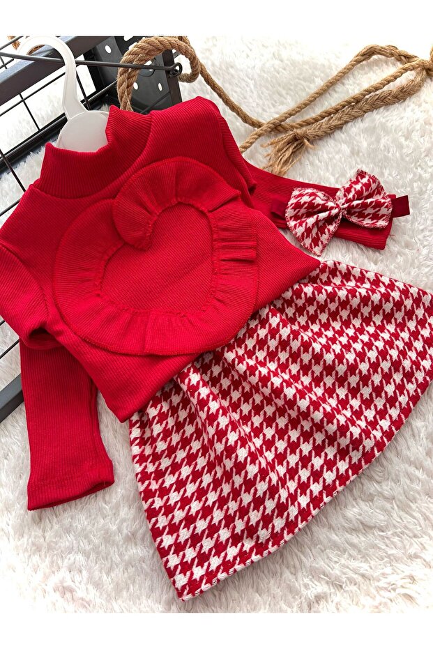 BABY CHILD RED HOUNDSTOOTH SKIRT BLOUSE AND BANDANA SET TOP AND BOTTOM SET
