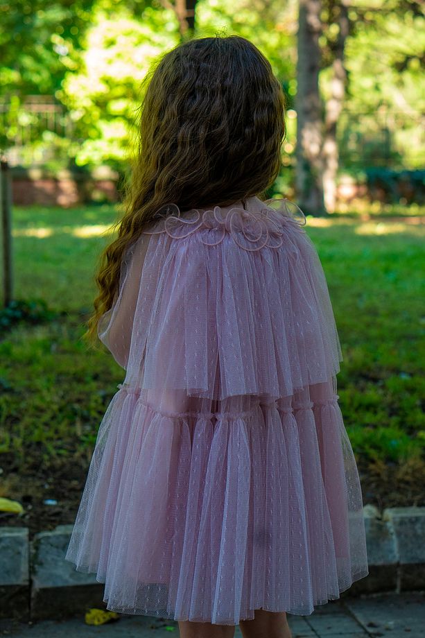 Pelerin Model Çiçekli Yaka Kız Elbise - 3