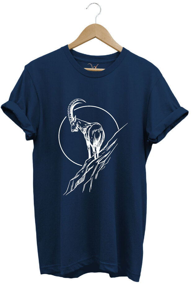 Hunting Mountain Goat Printed 100% Cotton Regular Fit Crew Neck Navy Blue T-Shirt