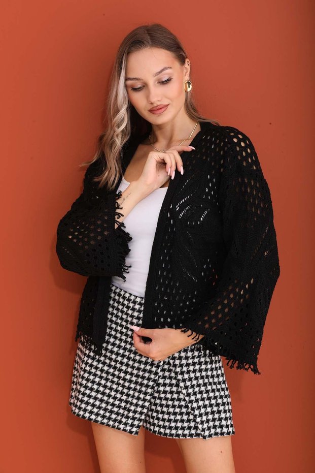 Women's Tassel Detailed Patterned Open Front Short Knitted Cardigan 245045 -