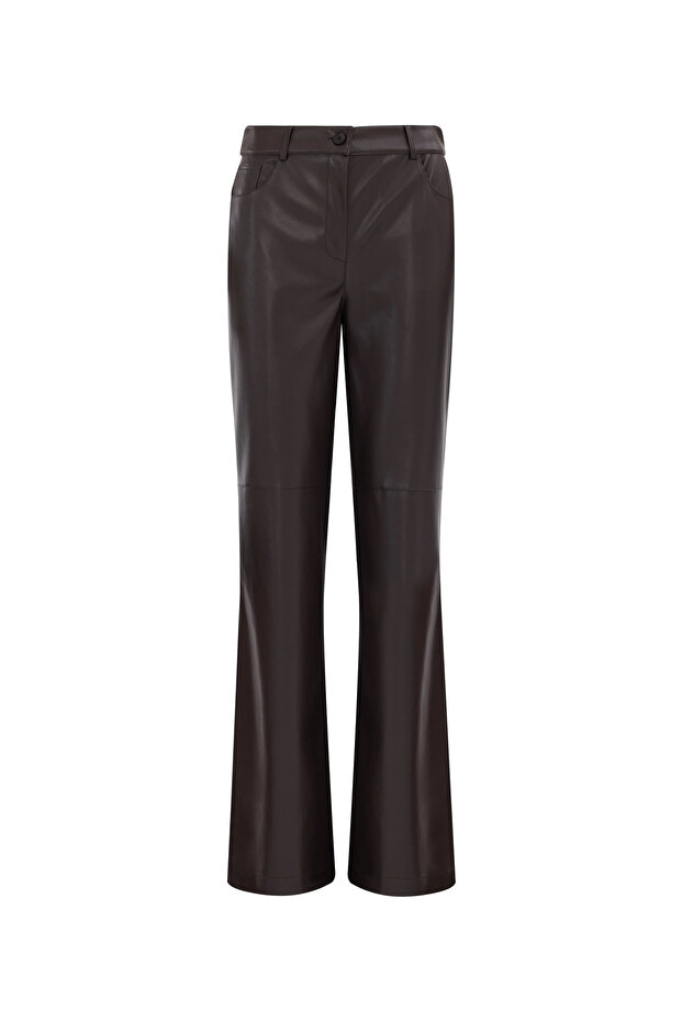 Geniş Paçalı Suni Deri Pantolon - 5