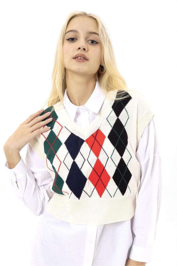 Kadın Baklava Desenli Triko Örme Süveter - 1