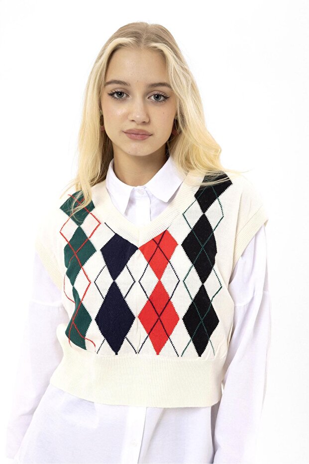 Kadın Baklava Desenli Triko Örme Süveter - 2