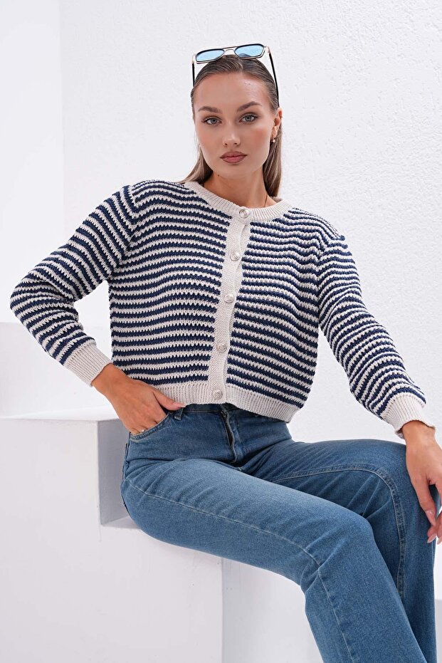 Women's Stripe Patterned Metal Buttoned Knitwear Knitted Cardigan 255210 -