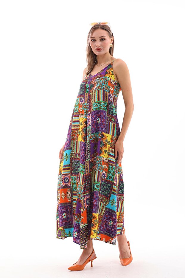 Women's Rope Strap Ethnic Patterned Long Dress 250216 -