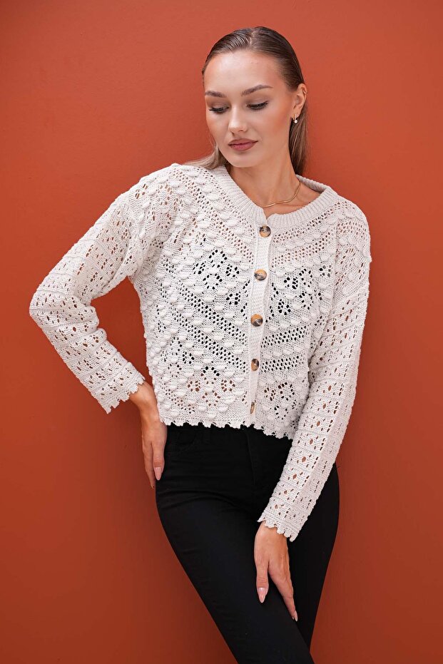 Women's Pompom Patterned Buttoned Knitwear Knitted Cardigan 255216 -