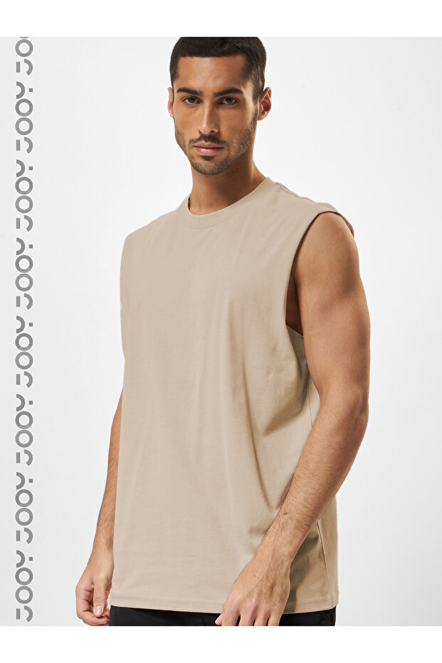 Beige Men's Cotton Training Sports Athlete Oversize Sleeveless T-Shirt