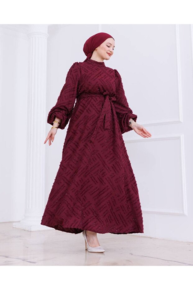 Imran Embroidered and Glitter Belted Dress-Pa9564 Burgundy