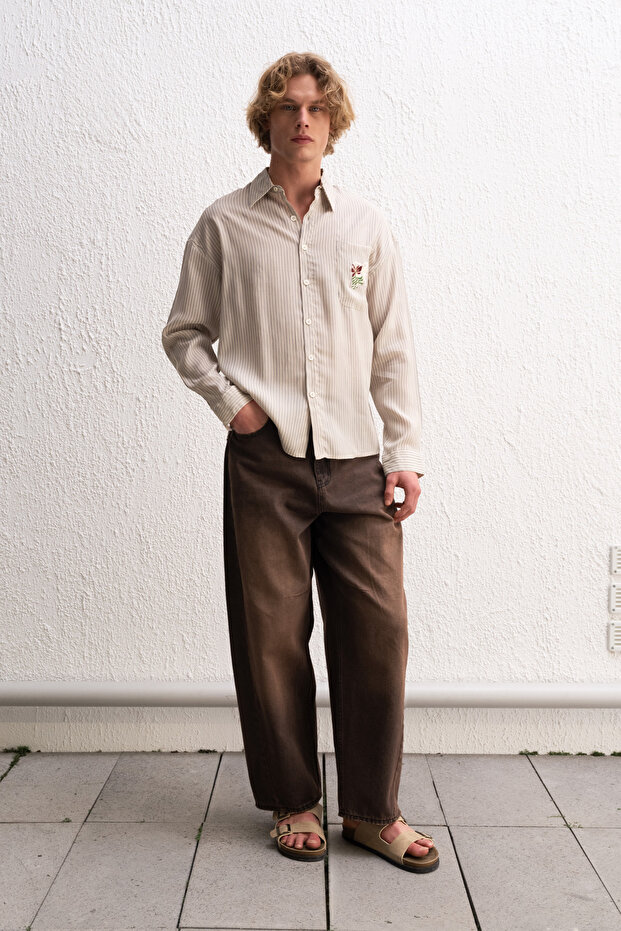 Bege Striped Shirt with Embroidery Detail