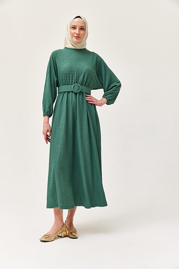 Waist Elastic Belt Bat Sleeve Dress Green