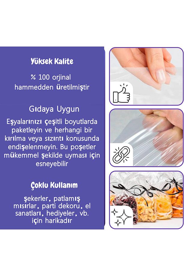 20 Adet 7,5x21 OPP Yan Körüklü Poşet Torba Şeffaf Dayanıklı Gıda Saklama Tazelik koruma Poşeti - 4