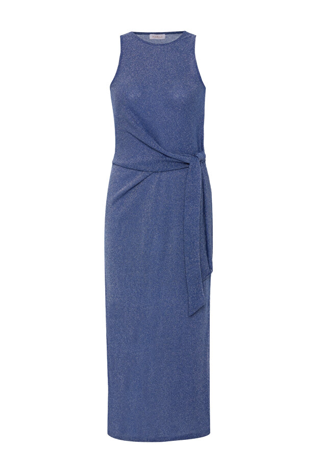 Lace-Up Slit Lurex Cobalt Blue Long Dress