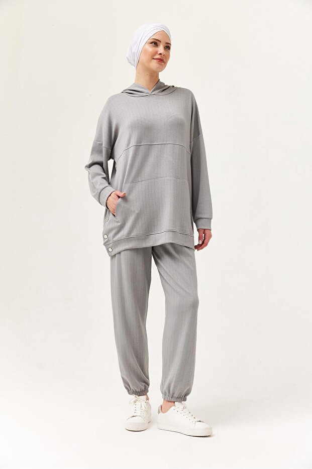 Snap Detail Hooded Double Suit Gray