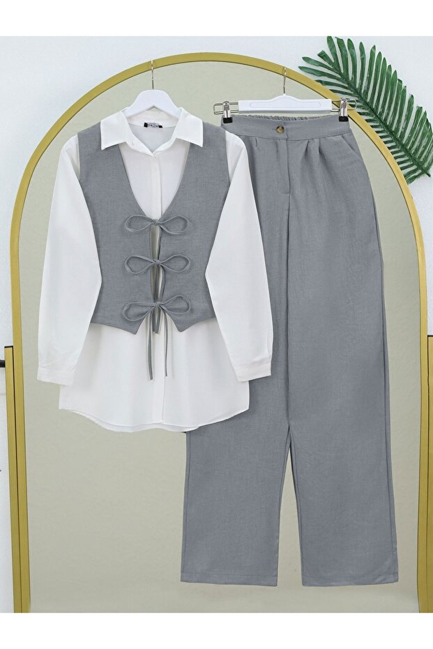 Double Linen Suit with Waistcoat Ties and Wide Leg Trousers -Grey