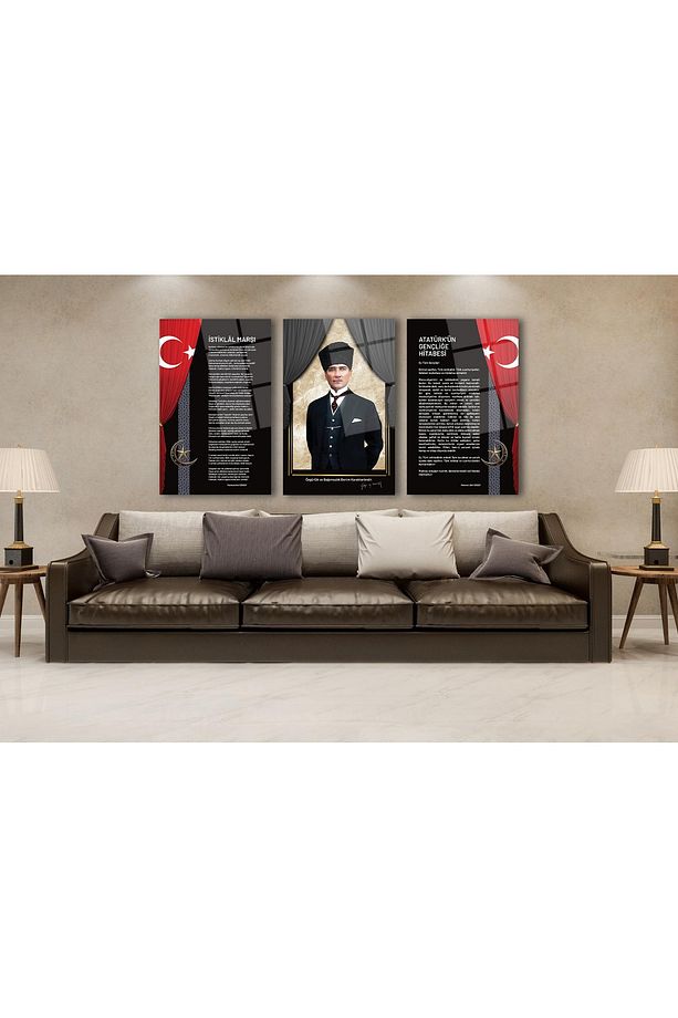 Atatürk, Gençliğe Hitabe ve İstiklal Marşı (3lü) Cam Tablo Kurumsal Özel Resmi Hediye - 3