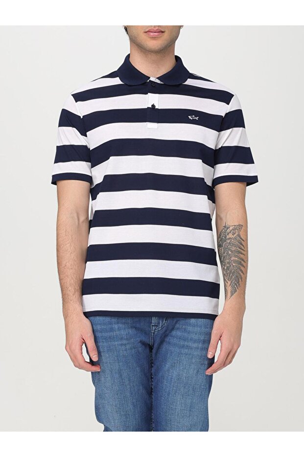 Men's Polo Neck T-Shirt Dark-White Yellowness Line Lmitation Sleeves Rashgard Closure