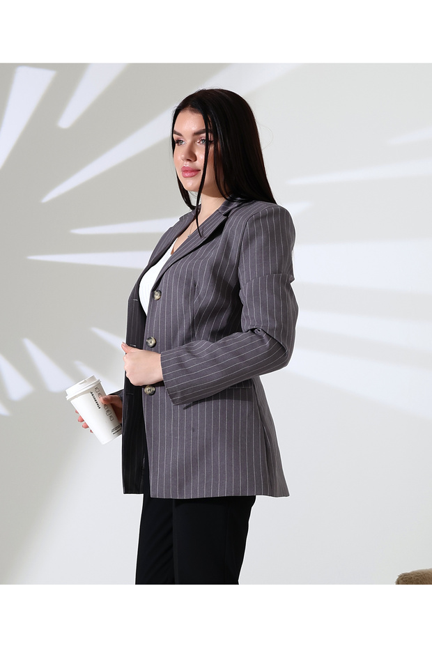 Striped Jacket Patterned Double Pocket Blazer Jacket - 1