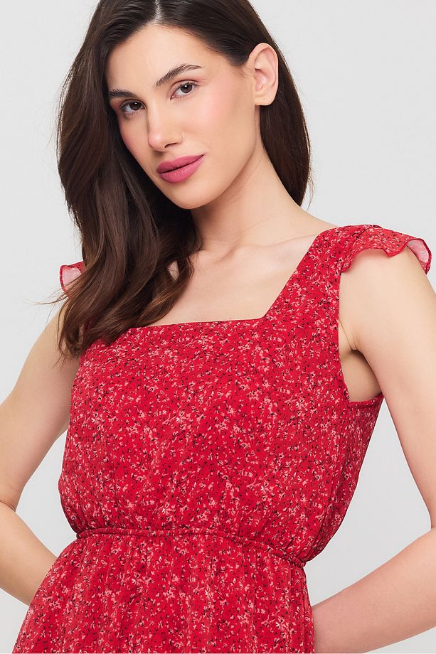 Çıtır Çiçek Desenli Şifon Astarlı Midi Elbise - 5