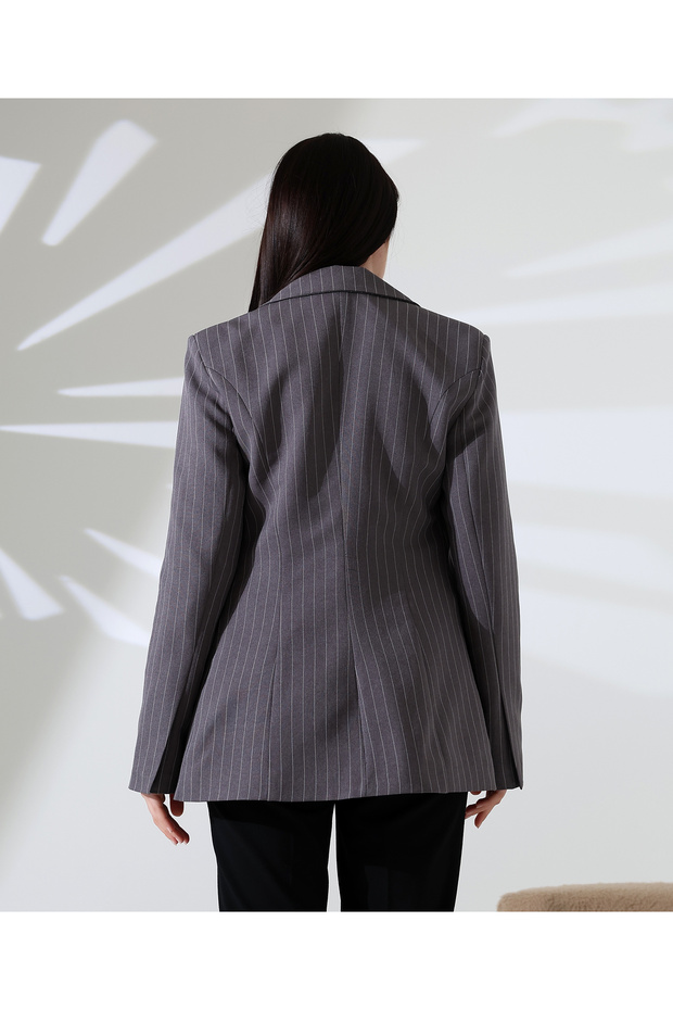 Striped Jacket Patterned Double Pocket Blazer Jacket - 7