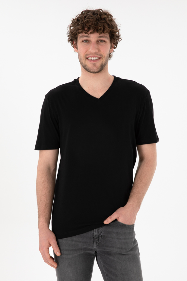 Men's Regular Fit V-Neck Black Basic T-Shirt 50305858-Vr046