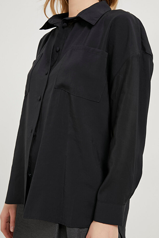 Kadın Çift Cep Premium Oversize Basic Siyah Gömlek - 3