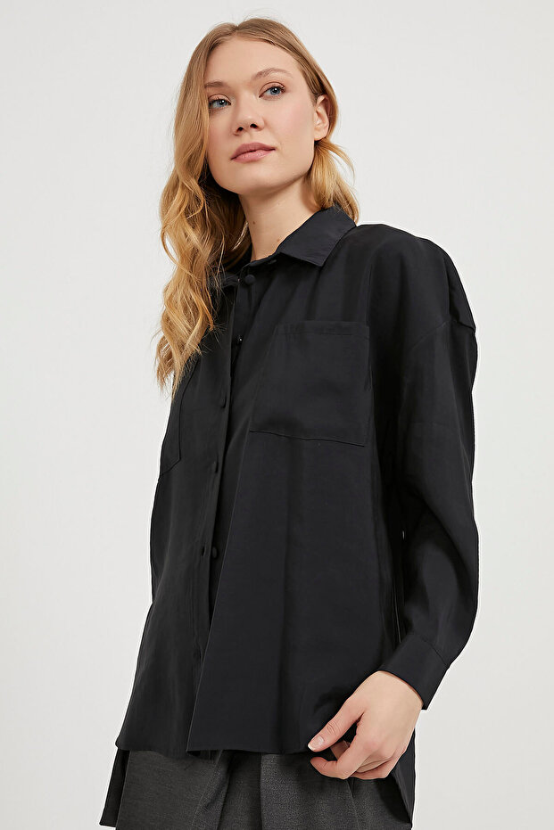 Kadın Çift Cep Premium Oversize Basic Siyah Gömlek - 1