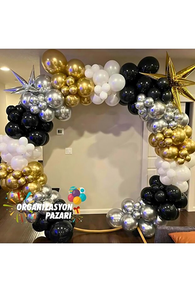 Balloon Set Chrome Gold-Chrome Silver-Black-White 100 Piece Balloon Chain Set