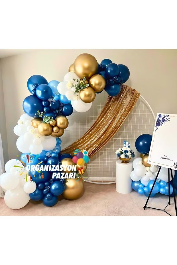 Balloon Set Midnight Blue-Metallic Light Blue-White-Chrome Gold Set of 60 Balloon Chain