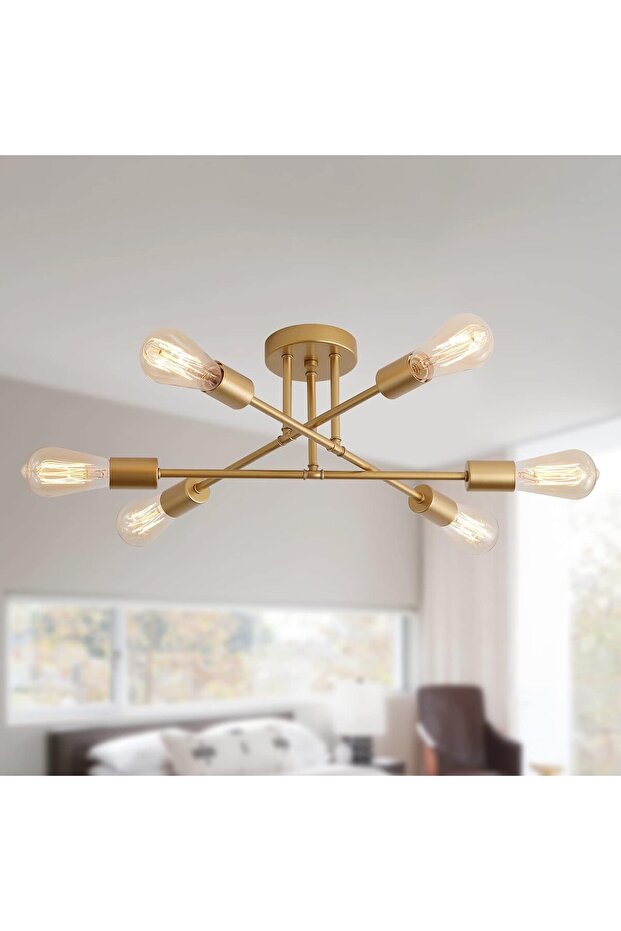 Gold Modern Sputnik Chandelier 6-Light Semi Flush Mount Ceiling Fixture for Bedroom