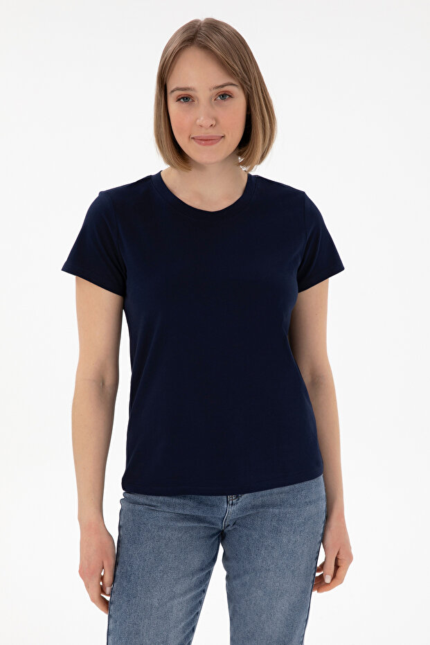 Women's Navy Blue Crew Neck Basic T-Shirt 50305879-Vr033