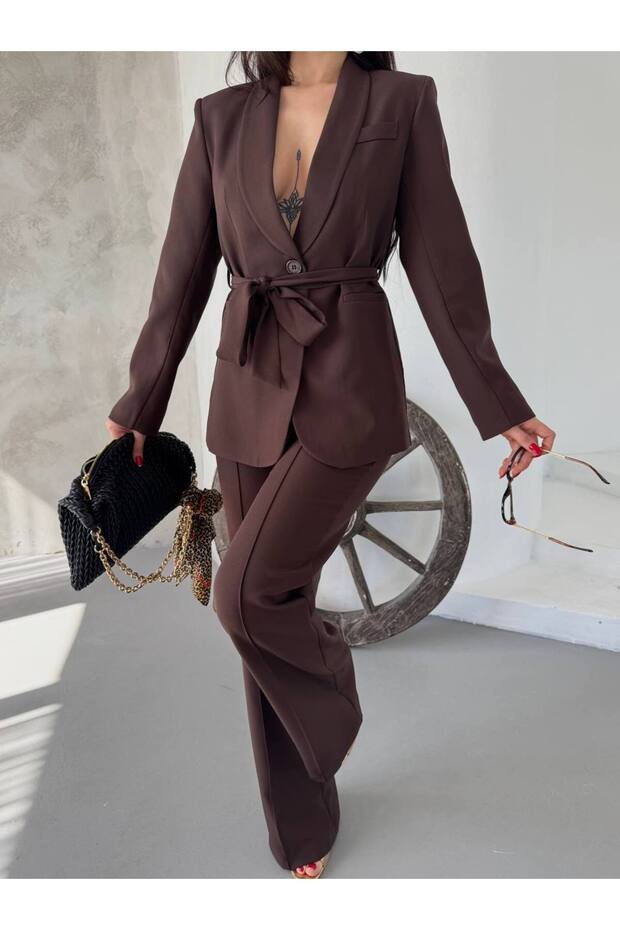 Belted Waist Blazer Jacket Pants Set - Stylish, Elegant and Versatile Women's Set for Any Occasion