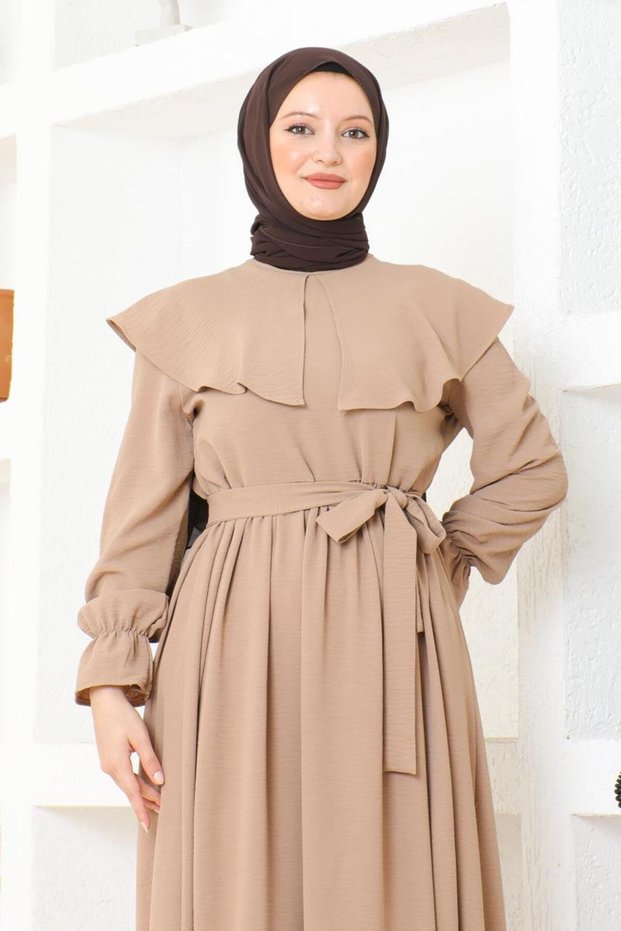 Cape Collar Detailed Belted Hijab Dress Brc1125 Latte