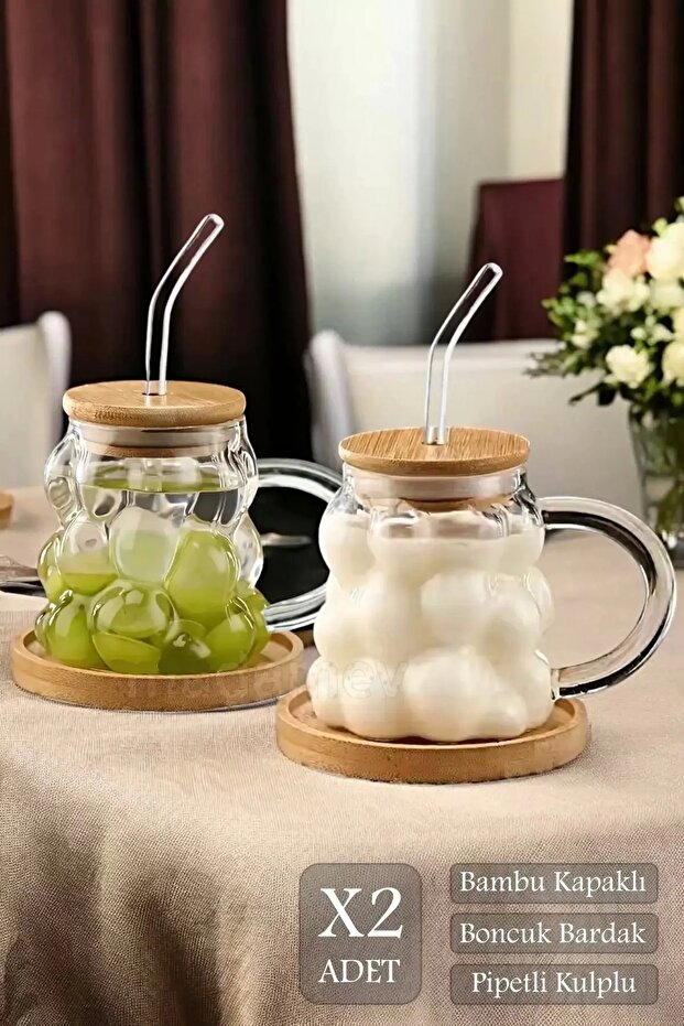 350ml Heat Resistant Bamboo Lid Bead Grain and Straw Coffee Presentation Cup