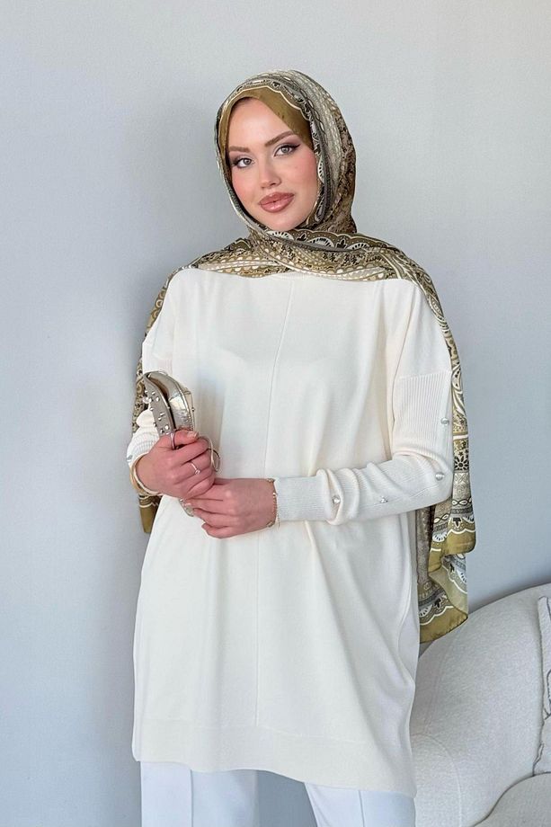 Düğmeli Merserize Tunik Ekru - 1