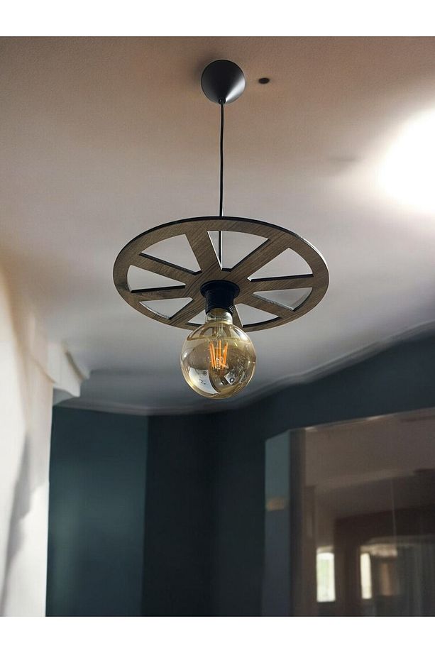 WHEEL  Tek Teker Tekerlek Avize Sarkıt  Ahşap Dekoratif  Cafe Restoran Rustik Balkon Bahçe Avizesi - 5