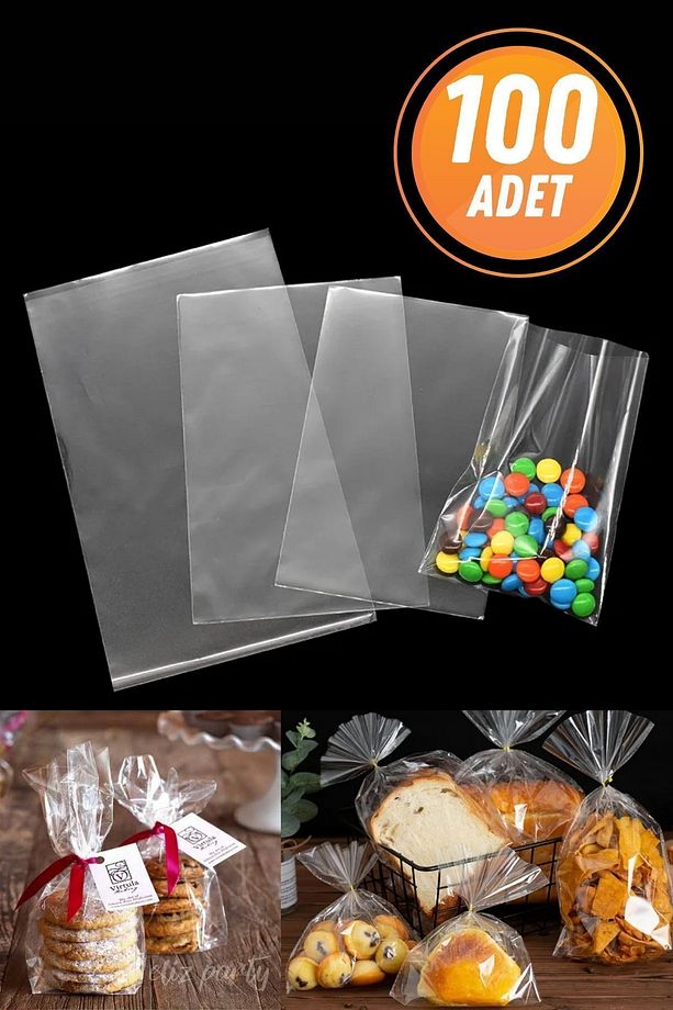 100 Adet Şeffaf Kurabiye Şeker Poşeti 10x20cm Bantsız Şeffaf Jelatin Poşet - 1