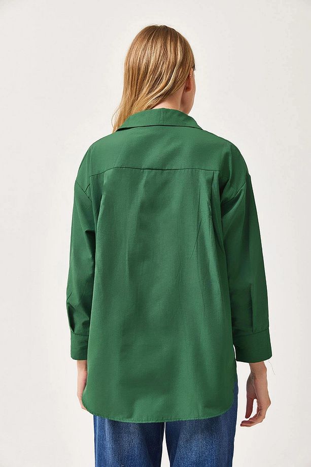 Kadın Yeşil Oversize Uzun Basic Gömlek Bccl-253000 - 4