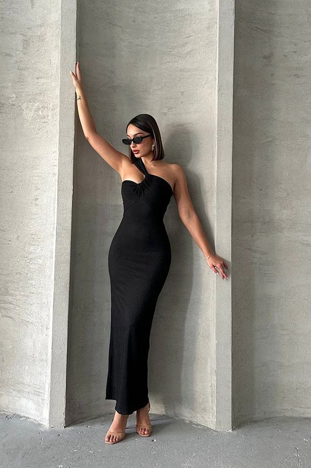 Kadın Siyah Tek Omuz Detaylı Maxi Boy Elbise Bchn-2525455 - 4