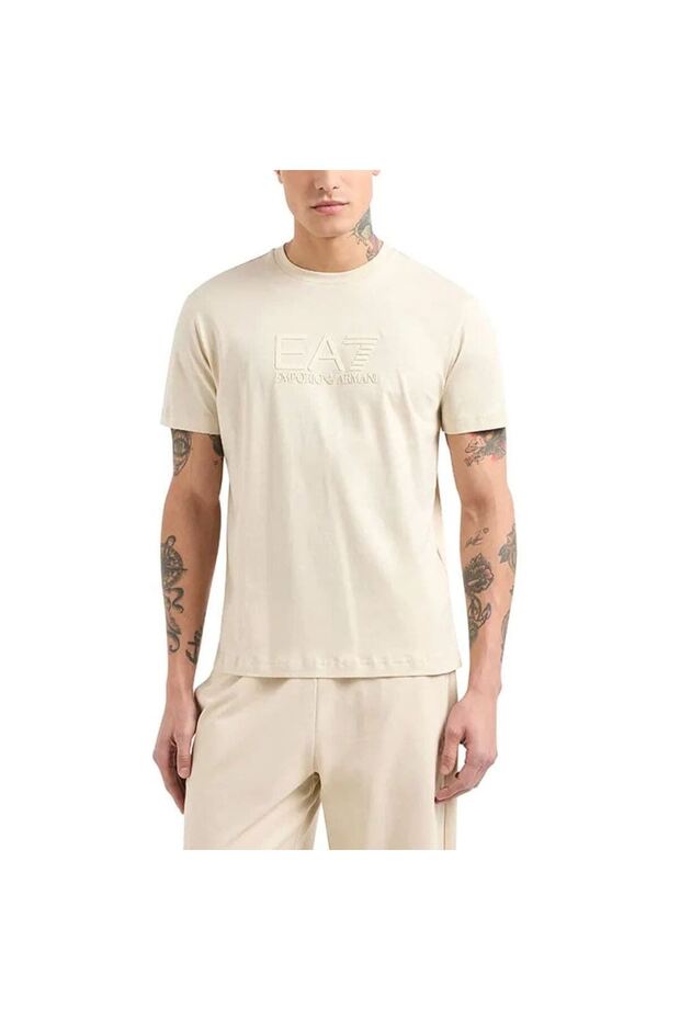 Men's Patterned Short Sleeve Crew Neck Ecru T-Shirt