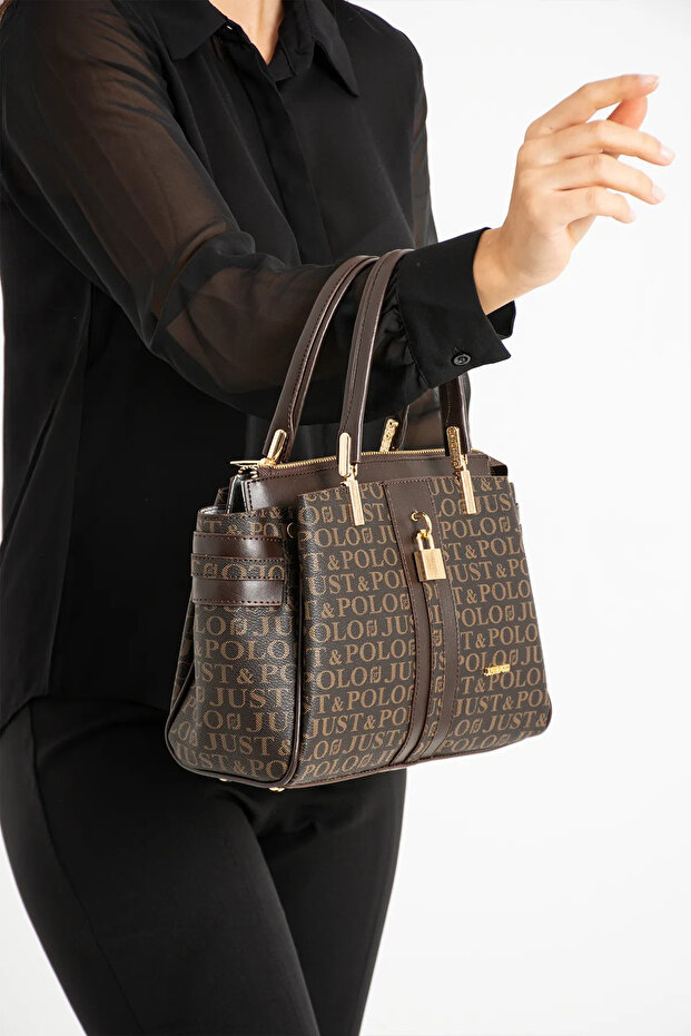 Women's Printed Lock Detailed Hand and Shoulder Bag