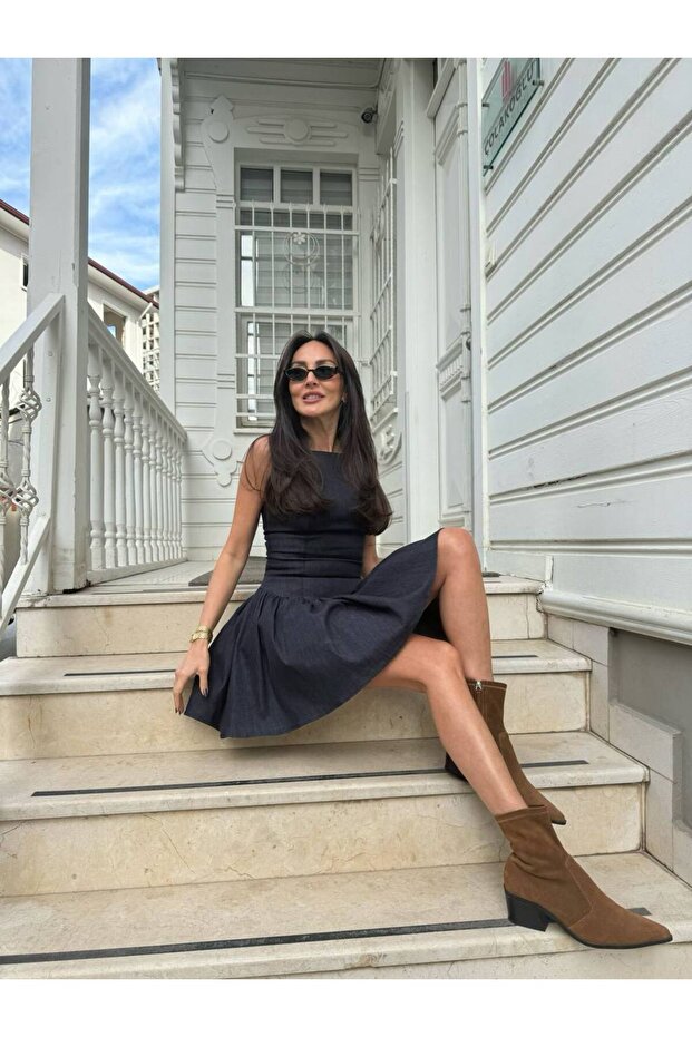 Trend Viral Volanlı Vücuda Oturan Kot Mini Elbise - 3