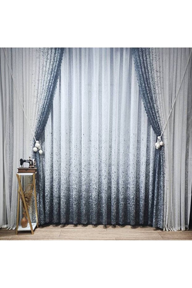 New Design Grey-Anthracite-Smoked Sprinkled Right/Left Set Tulle Background Curtain