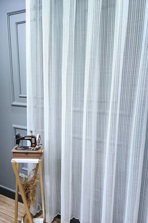 Farbateks New Model Planting Knitted Line Patterned - 3 Layer Pleated Tulle Curtain - 3