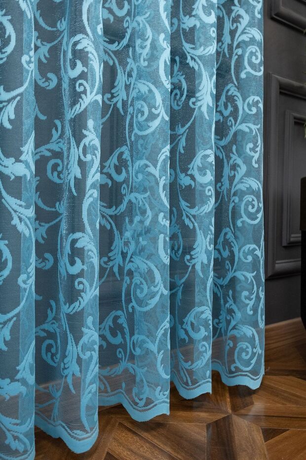 Classic Shawl Pattern Turquoise Color Pattern Design 2 Layers Pleated Tulle Curtain