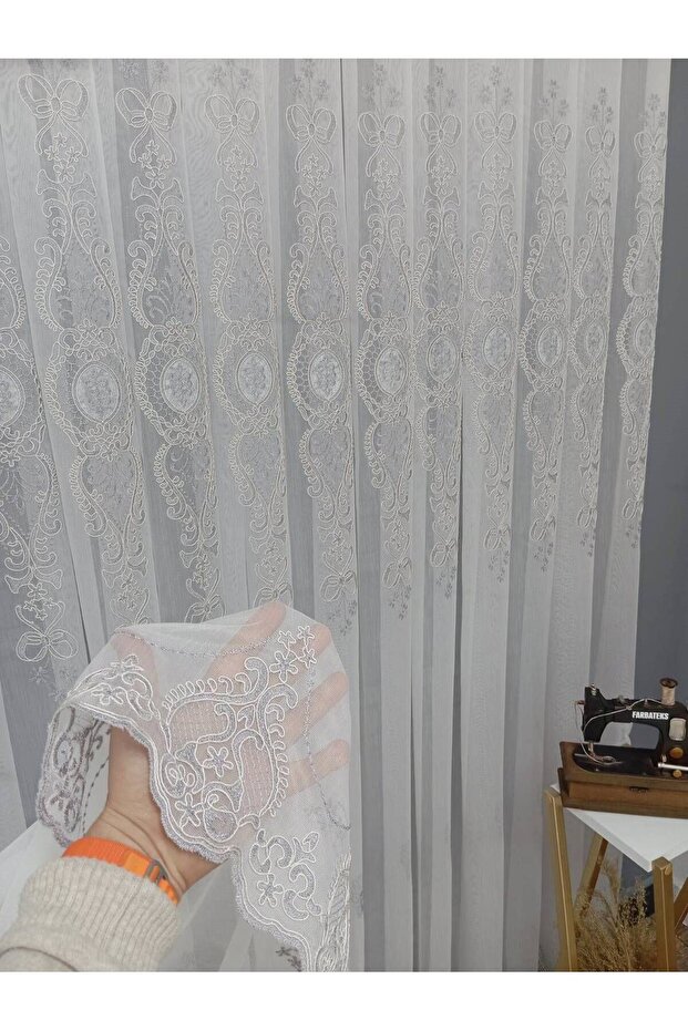 Ottoman Gray Silver Court Embroidered Living Room 3 Layer Pleated Tulle Curtain