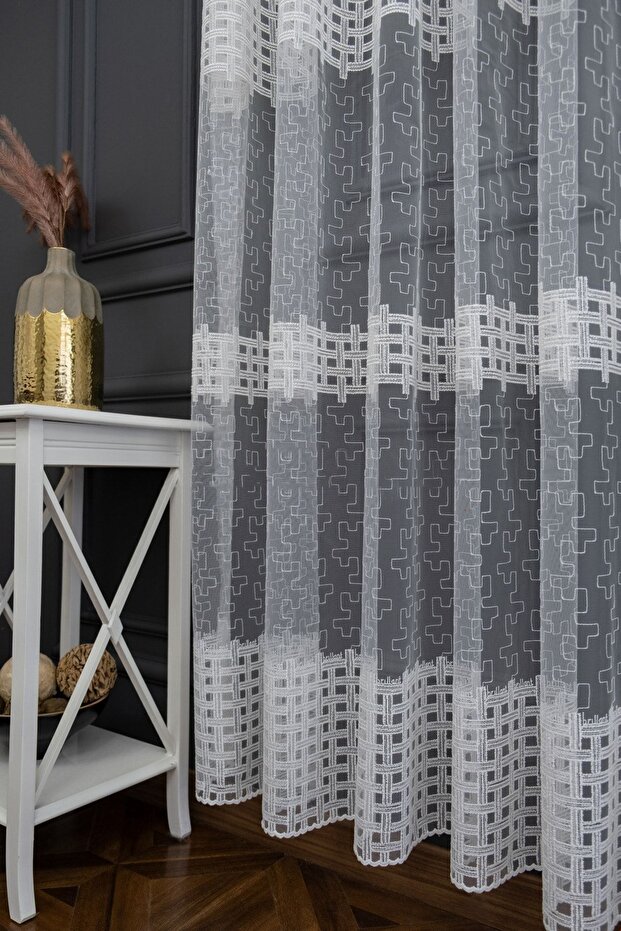 Farbateks Dikim Embroidered Checkered Pattern Design 1/2 Layer Pleated Tulle Curtain