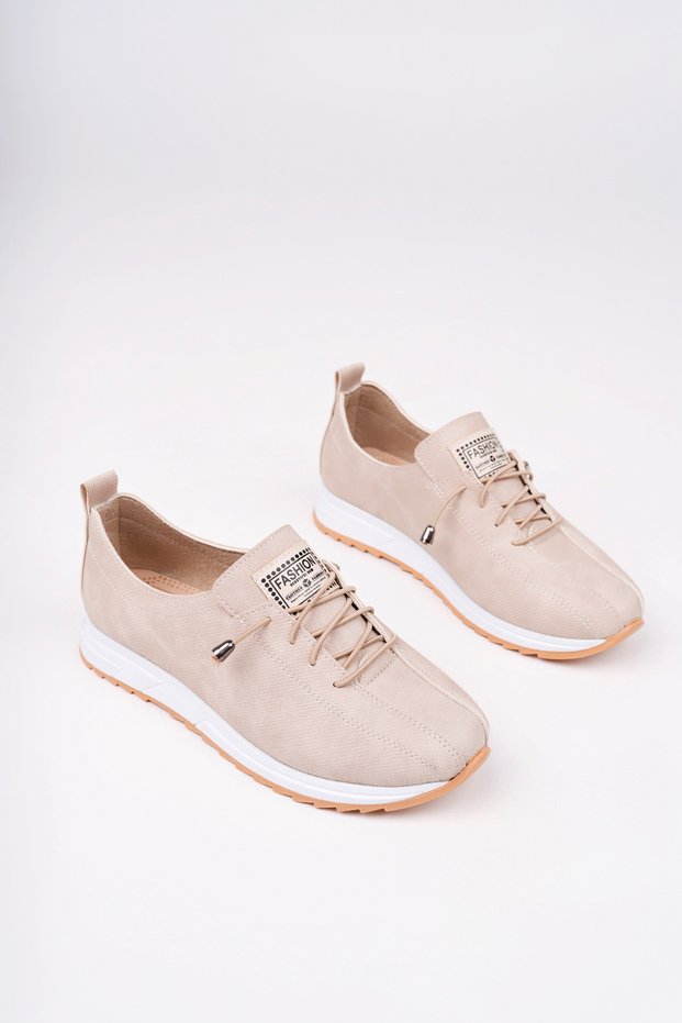 Women's Beige Matte Colored Rubber Lace-Up Orthopedic Sole Ballerinas