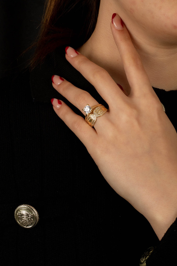 14 Ayar Altın Kombin Tektaş Yüzük - 2