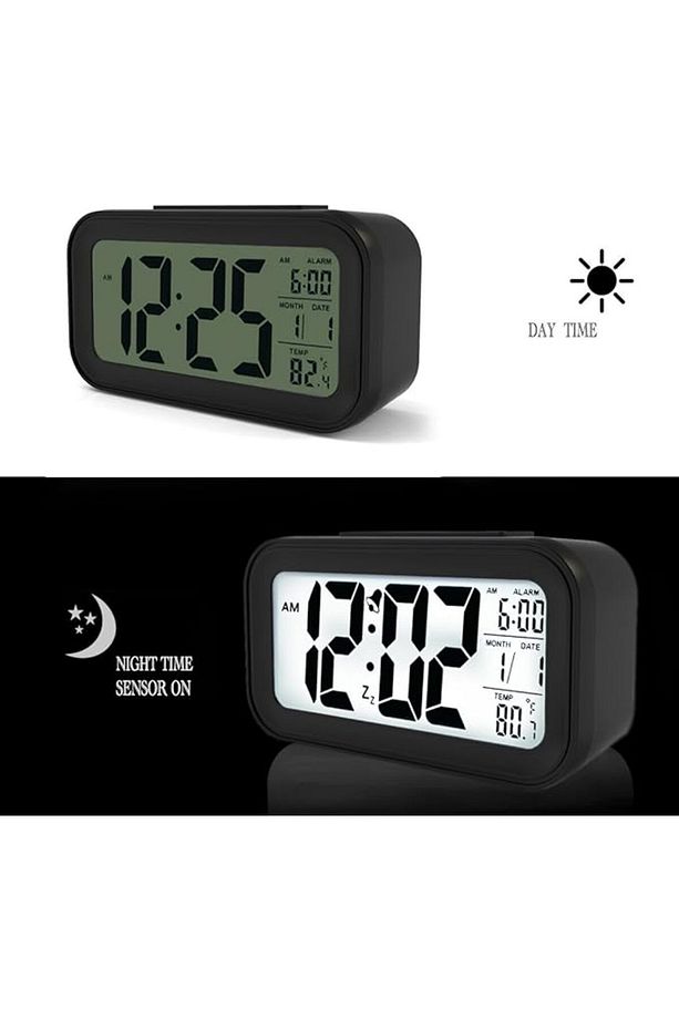 Dijital Termometreli Masa Saati, Dijital Masa Saati, Lcd Ekran Çalar Saat Siyah - 2