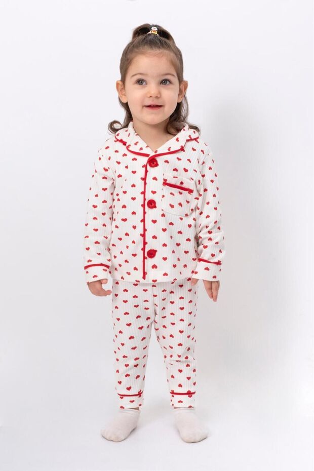 Heart Patterned 100% Cotton Pajama Set for Baby Girl - Buttoned Front, Heart Nightgown Set